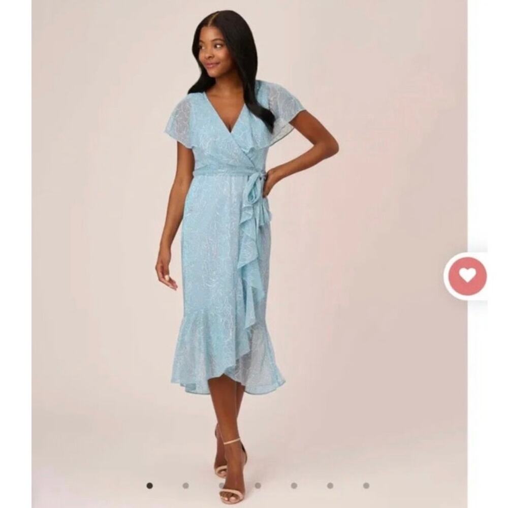 Adrianna Papell Light Blue Lace Wrap Midi Dress